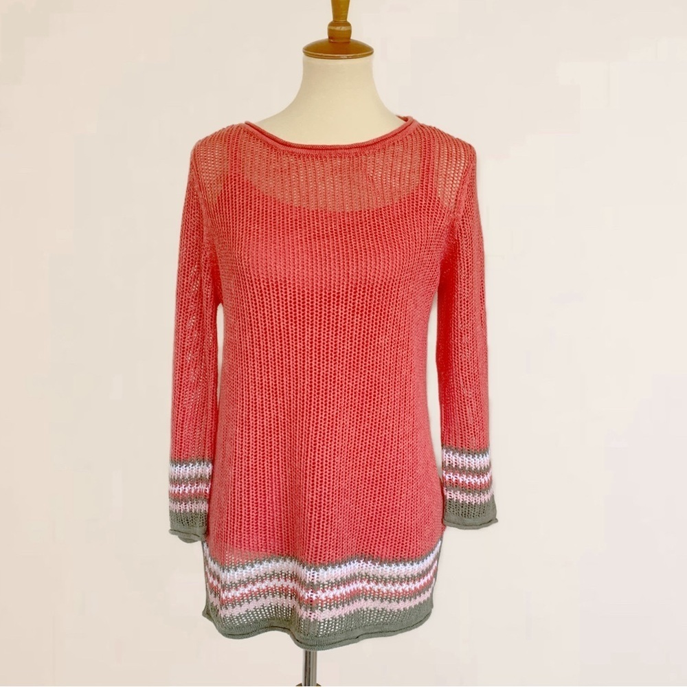 Tommy Bahama Linen Cotton Blend Open Knit Coral Pullover W/ Matching Tan…